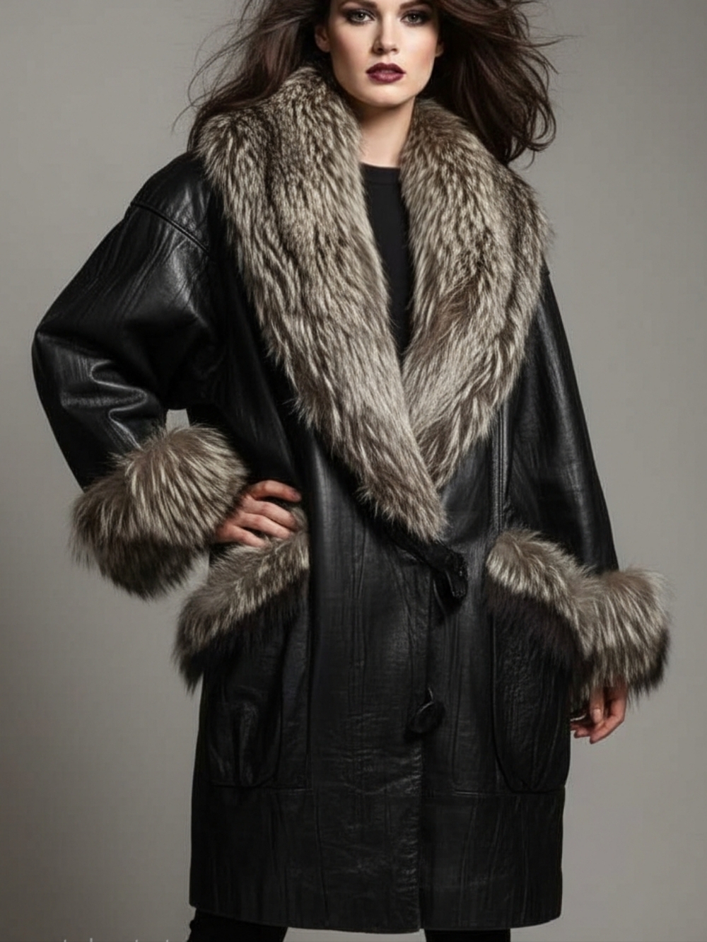 Vintage Black Leather Coat Silver Fox Fur Collar & Cuffs L-XL Baddie
